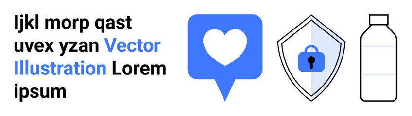 Heart in blue chat bubble, shield with lock icon, and water bottle design. Ideal for communication, social media, security, health, well-being, hydration flat landing page banner