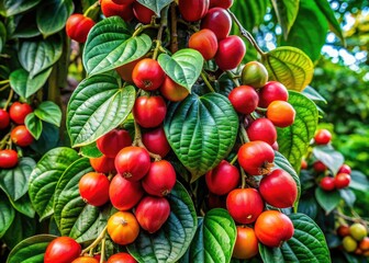 Panoramic View of Betel Nut and Fruit Tree - Lush Green Foliage, Vibrant Red Fruits, Climbing Vines
