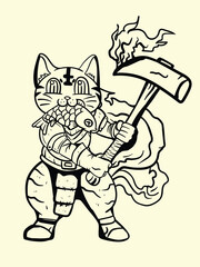 cat fighter with japanese doodle style