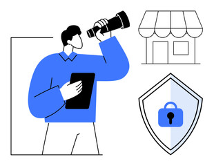 Businessman holding tablet and telescope, observing a store symbol and security lock shield. Ideal for business analysis, market research, data protection, business security, retail management