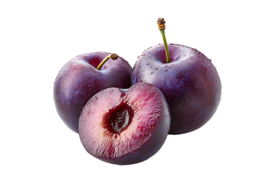 Ripe purple plums isolated on transparent background
