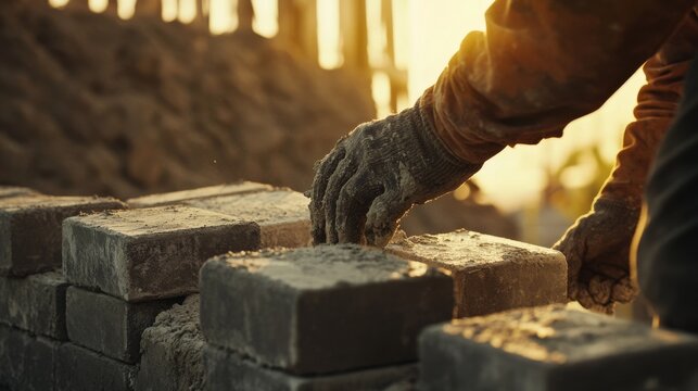 Bricklayer stacking concrete blocks with precise alignment. Featuring strength and construction techniques