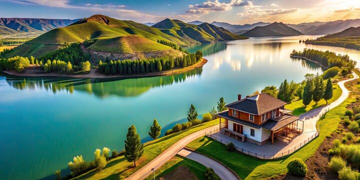 Bird's Eye View of Bukhtarma Reservoir Holiday Home in Kazakhstan's Nature - Minimalist Summer Retreat with Stunning Shoreline and Infrastructure
