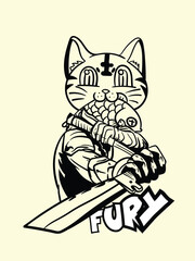 cat fighter with japanese doodle style