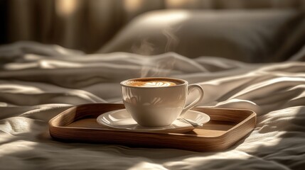 Fototapeta premium A steaming cup of coffee on a wooden tray placed on a cozy bed with soft linens and warm lighting