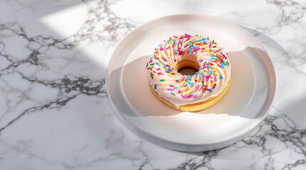 donuts with white chocolate topping sprinkled with colorful sprinkles on a white plate and marble table