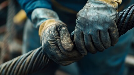 Bridge inspector examining steel cables for wear. Featuring safety and structural integrity