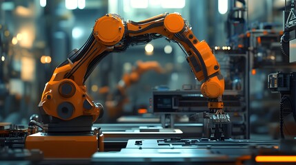 A robot is working on a machine in a factory. The robot is orange and has a long arm. The scene is industrial and futuristic