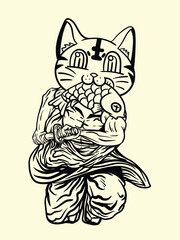 cat fighter with japanese doodle style