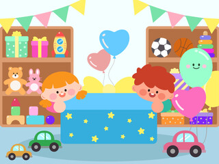 귀여운 아이들이 신나하는 장난감 가게