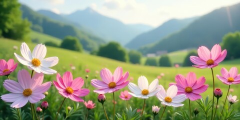Fototapeta premium Delicate Cosmos Flowers Bloom in a Serene Pastoral Landscape, Presenting a Tranquil and Picturesque Scene of Natural Beauty