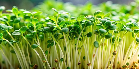 Obraz premium Fresh Cress Sprouts and Microgreens Close-Up - Vibrant, Green Germinated Seeds Background for Health and Wellness Imagery