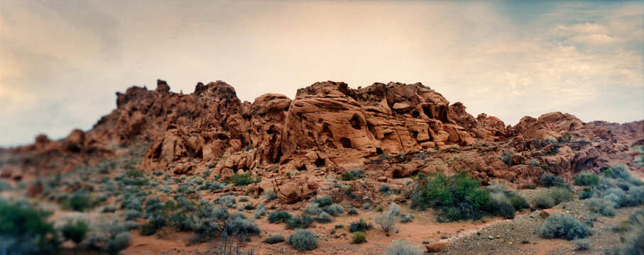Panoramic view of rock formations in the Valley of Fire State Park, Moapa Valley, Nevada, USA.