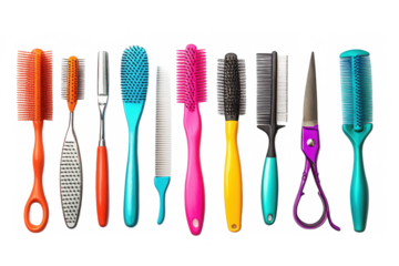 Collection of colorful brushes and combs on a solid backdrop