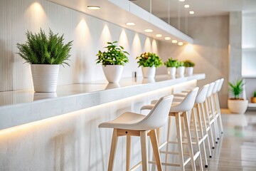 Minimalist White Bar Stools, Empty Restaurant Interior, Tilt-Shift Photography, Modern Design, White Concrete Counter