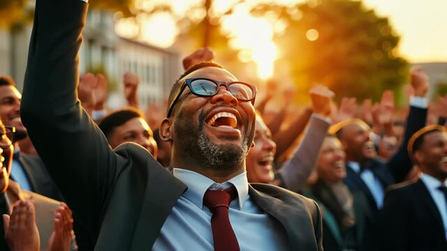 Man celebrating at a political rally with diverse crowd and sunset in the Modern background.