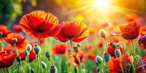 Obraz premium Red Poppy Field Photography, Sunny Garden Poppies, Vibrant Flower Images, Blooming Poppies, Summer Flowers, Macro Poppy Photos