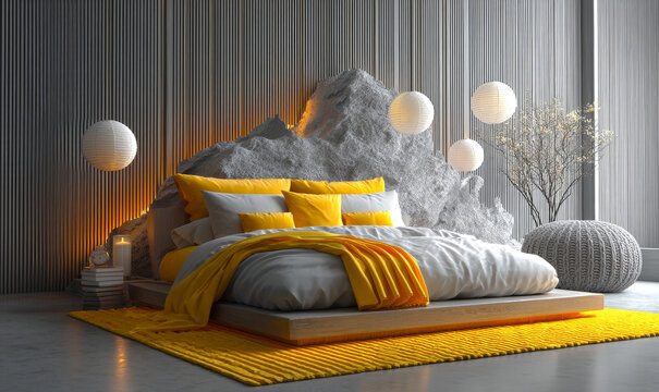 Modern Minimalist Bedroom with Stone Accent Wall