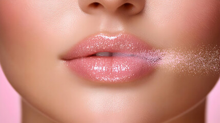 Close-up of woman's lips with pink lip gloss, sparkling particles spraying. Perfect for beauty, cosmetics, makeup ads.