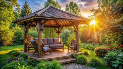 Obraz premium Rustic Wooden Gazebo with Armchair: Scenic Landscape Photography, Countryside Retreat, Peaceful View