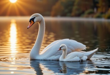 Mother swan and her cygnet swimming gracefully at sunset on a tranquil lake