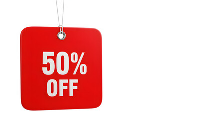 A vibrant red tag suspended by string announces a 50% off discount in bold, white text. The offer is clear and inviting to shoppers.