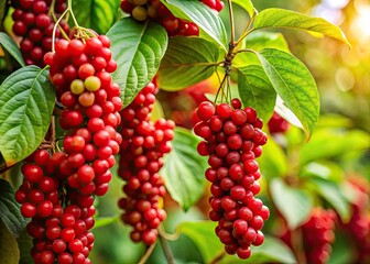 Fototapeta premium Schisandra Berries: Candid Photography of Five-Flavour Berry Plant, Organic Schisandra Chinensis, Herbal Medicine, Wild Schisandra, Schisandra Berries Closeup