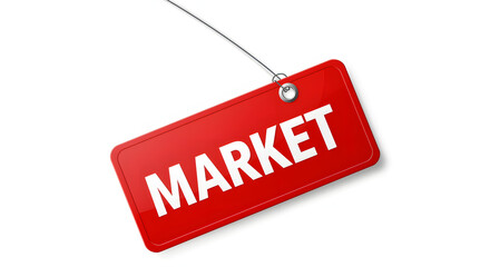 A vibrant red tag, suspended by a delicate silver string, boldly displays the word MARKET in clean, white lettering. Symbolizing sales.