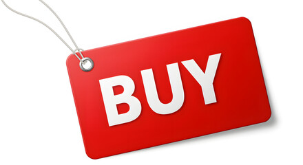 A red tag with the word "BUY" in white letters hanging from a white string with a metal grommet on a white background. 