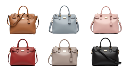 Elegant handbags in various colors and styles.