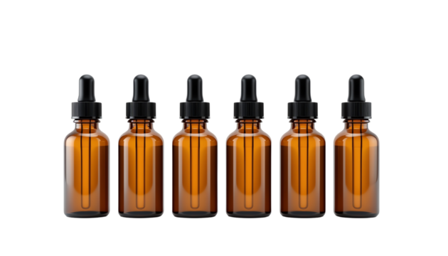 Set of amber glass dropper bottles