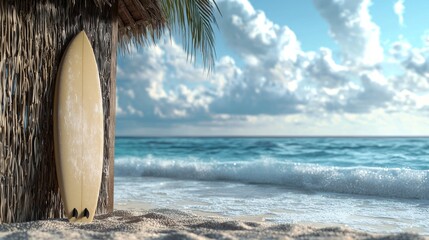 Surfboard Against Tropical Hut by the Serene Ocean Waves