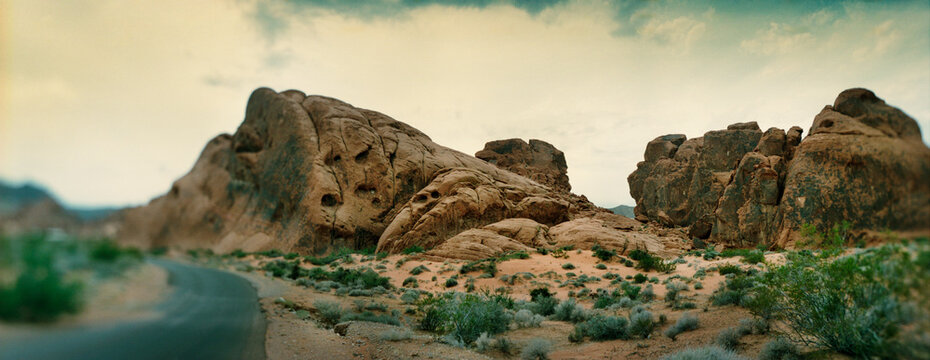 Panoramic view of rock formations in the Valley of Fire State Park, Moapa Valley, Nevada, USA.