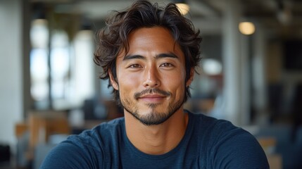Obraz premium A smiling, handsome man gazes directly forward, with stylish wavy hair