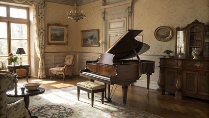 Grand Piano in Luxurious Classical Living Room with Elegant Lighting and Timeless Interior Design Style