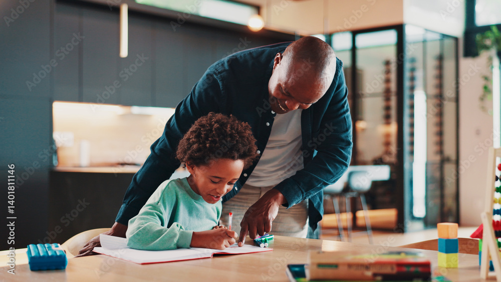 Poster black family, father and child with homework in home for school assignment, writing development and 