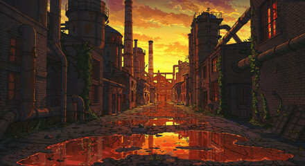 Anime Industrial Street Sunset Reflection Factory Art