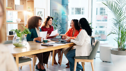 Women, meeting and document with team at office, brainstorming and review with problem solving at...