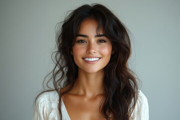 Fototapeta premium A smiling woman with long, wavy brown hair poses for a headshot
