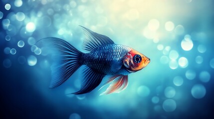 Fototapeta premium Blue fish swims in aquarium, bokeh background, pet