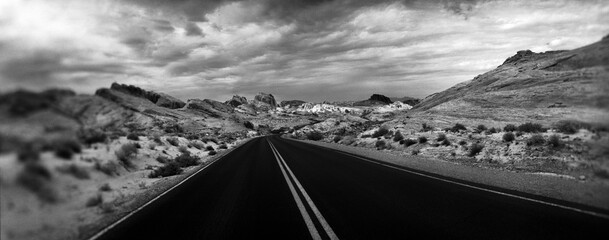 Panoramic view of empty road passing through the Valley of Fire State Park, Moapa Valley, Nevada, USA.