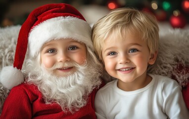 Two children in Santa hats pose happily for a festive photo.