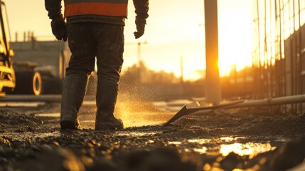 Cement truck driver controlling concrete flow at a job site. Featuring precision and timing