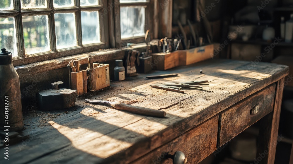 Aufkleber Old wooden workbench with worn tools and natural light in a rustic workshop setting