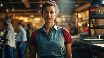 Confident waitress standing in a busy restaurant. Service industry and job occupation concept for poster, recruitment, and vocational training.