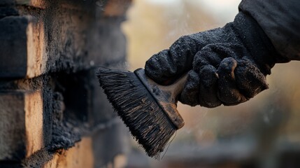 Chimney sweep using a brush to clean soot buildup. Featuring maintenance and safety