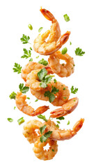 flying grilled shrimp isolated on transparent white background, clipping path