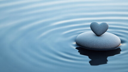 A heart shaped stone rests on smooth pebble in calm blue pond, creating gentle ripples