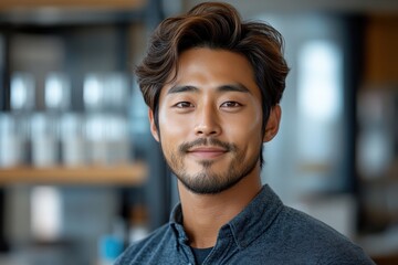 Obraz premium A young Asian man with wavy dark hair and a beard smiles serenely, indoors