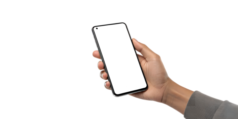 Hand Holding Smartphone: A close-up shot of a hand holding a smartphone with a blank white screen, offering versatile possibilities for app demonstrations or digital content showcasing.